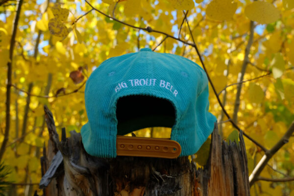 teal corduroy hat with Big Trout Beer on the back